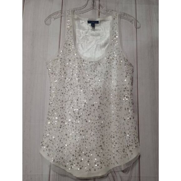 American‎ Eagle Shirt Ladies 4 Ivory Sleeveless Semi Sheer Sequin - Picture 1 of 7